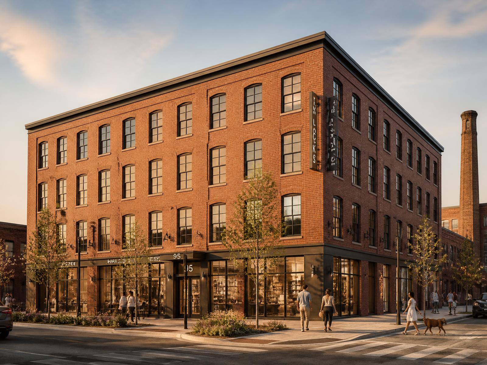 Rendering of a restored brick multifamily building with new ground-floor storefronts