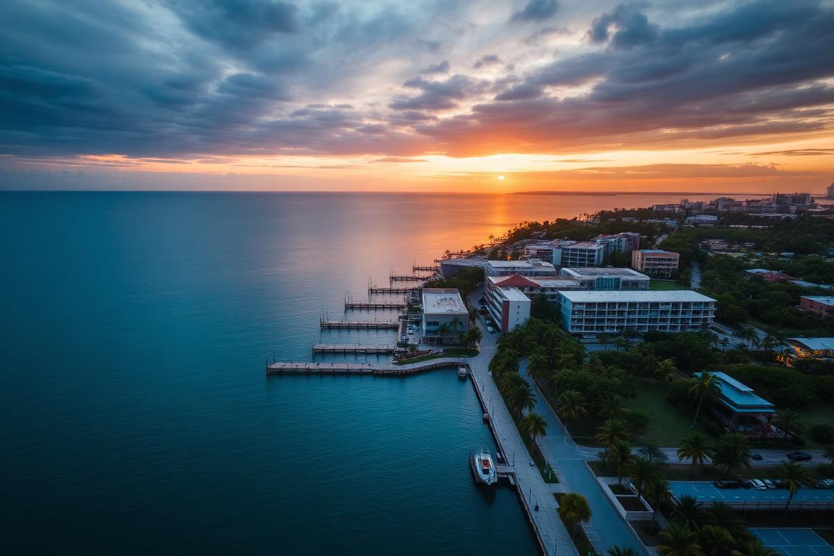 Aerial view of a Florida waterfront community at sunset